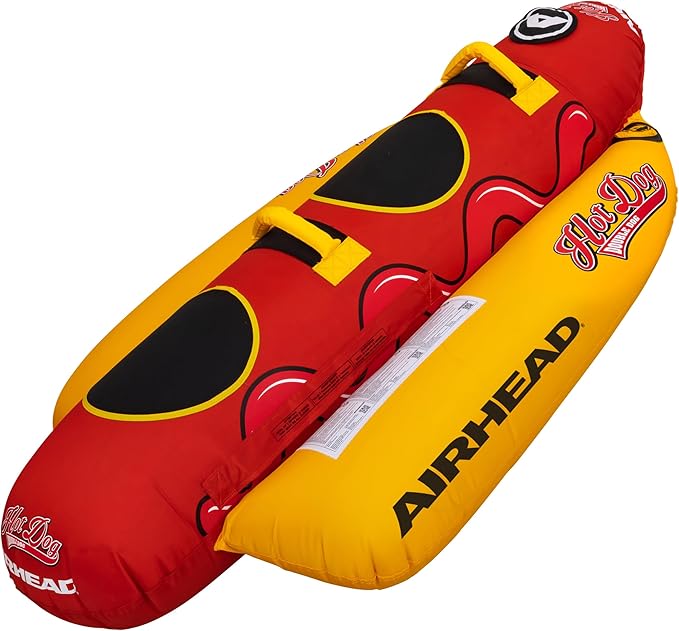 Airhead Hot Dog Towable Tube for Boating, 1-5 Rider Inflatable Boat Tube for Water Tubing, Full Nylon Cover, EVA Padding, Foam Padded Handles w/Neoprene Knuckle Guard, Speed Safety Valve