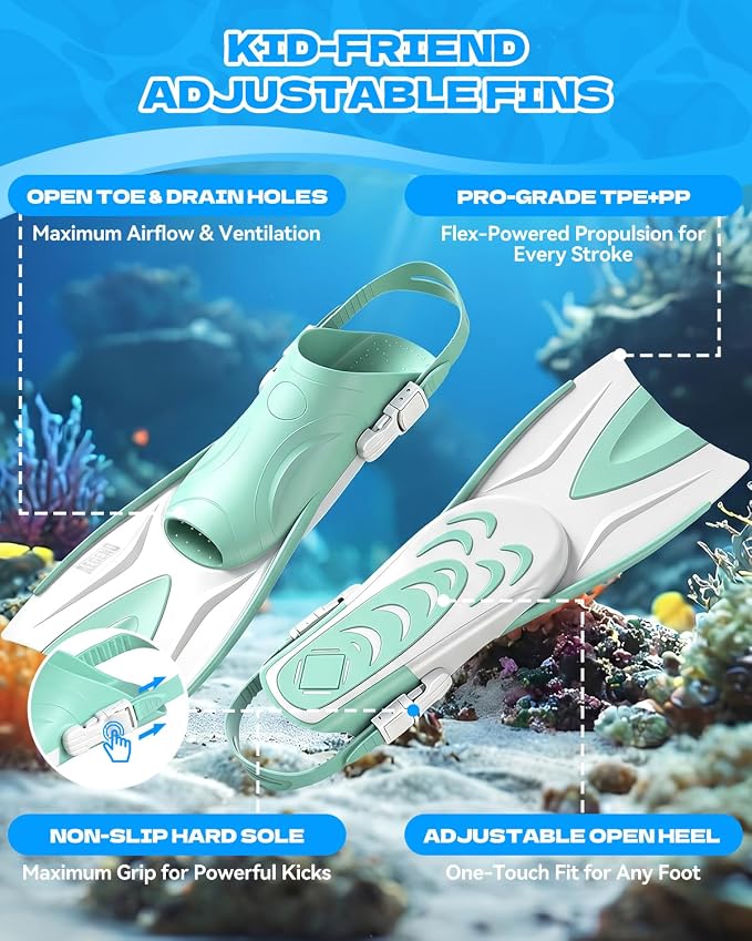 Aegend Snorkeling Gear for Kids Youth – 4-in-1 Snorkel Set with Anti-Fog Mask, Dry Snorkel & Adjustable Fins for Swimming, Diving, Snorkeling, Beach Vacation – Includes Travel Mesh Bag