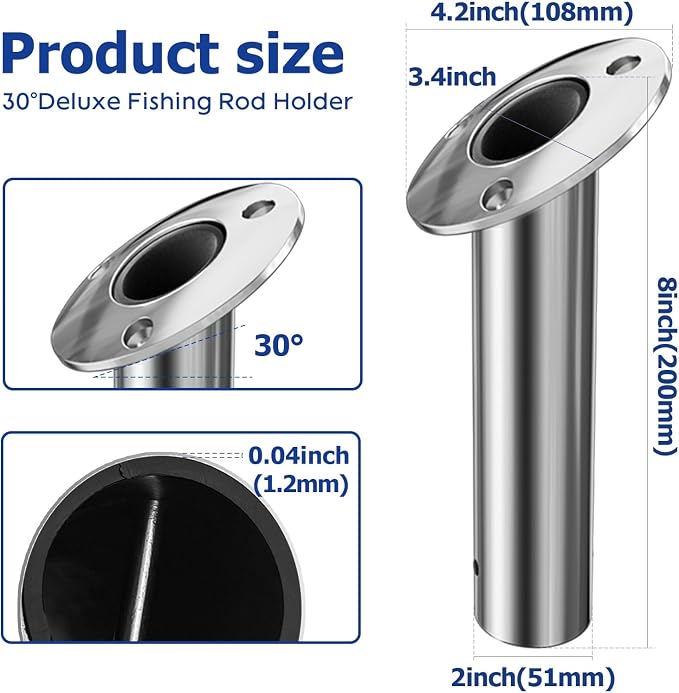 Fishing Rod Holder 2 Pack, 316 Stainless Steel 15/30/90 Degree Rod Holders for Fishing Boat, Flush Mount with Cap, Heavy Duty