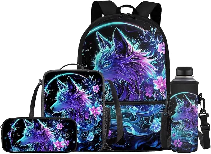 Wolf School Bag Girls Backpack with Lunch Bag and Pencil Pouch Water Bottle Holder Childrens School Daypack Travel Bag Satchel Bagpack Set 4 in 1