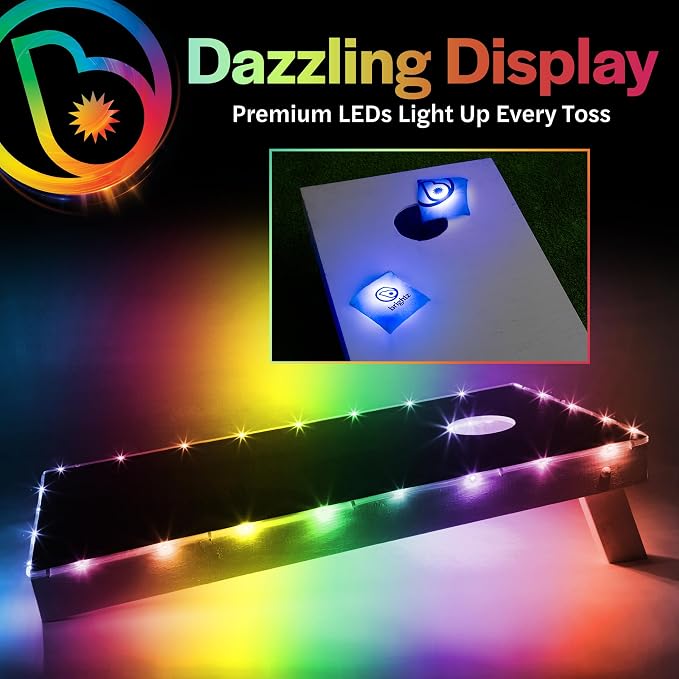 Brightz Cornhole Board Edge Lights with LED Bags - Includes 4-Pack of LED Cornhole Bags + TossBrightz Cornhole Board Edge Lights - The Ultimate Night Time Cornhole Master Set