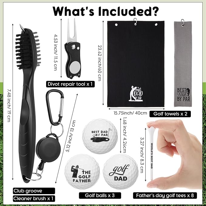 Soulchen 16 Pcs Father's Day Golf Gifts Cleaning Kit for Dad Microfiber Towel Balls Cleaning Brush Tees Divot Repair Tool by Golf Accessories Kit for Father Retirement Gifts