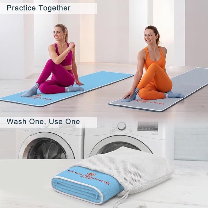 2 Pack Yoga Mat Towel with Bonus Grip Socks, Lavender Gray+Sky Blue | Elegant Embroidered, 1-Second Sweat Absorption & Non-Slip | Machine Washable Microfiber | Hot Yoga, Pilates | 73''*27.6''