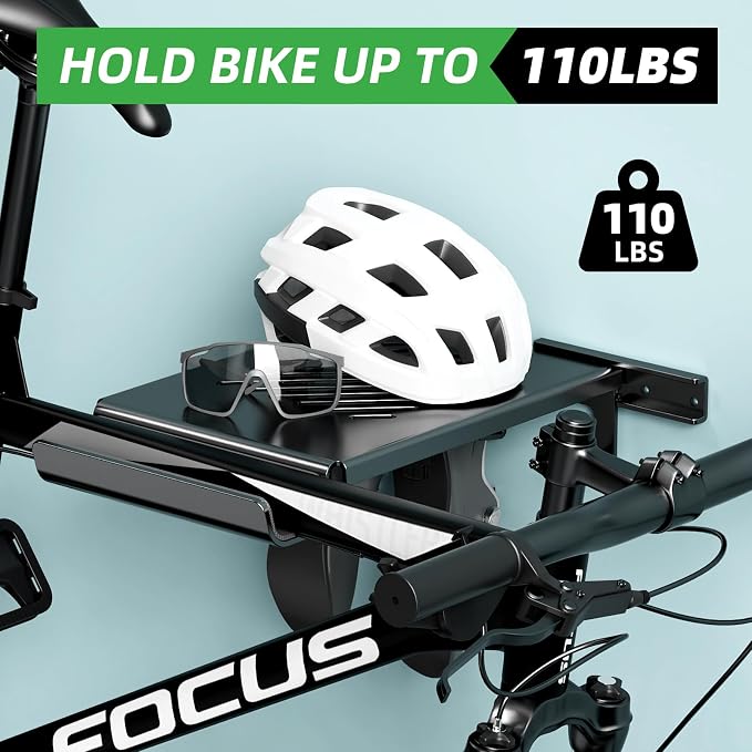 Bike Wall Mount Rack Indoor Bike Storage Garage Bike Rack Wall Mount with Shelf and Hooks Store Your Helmet and Shoes for a Single Road, Mountain or Other Bicycle (Universal Bicycle,16" Stud)