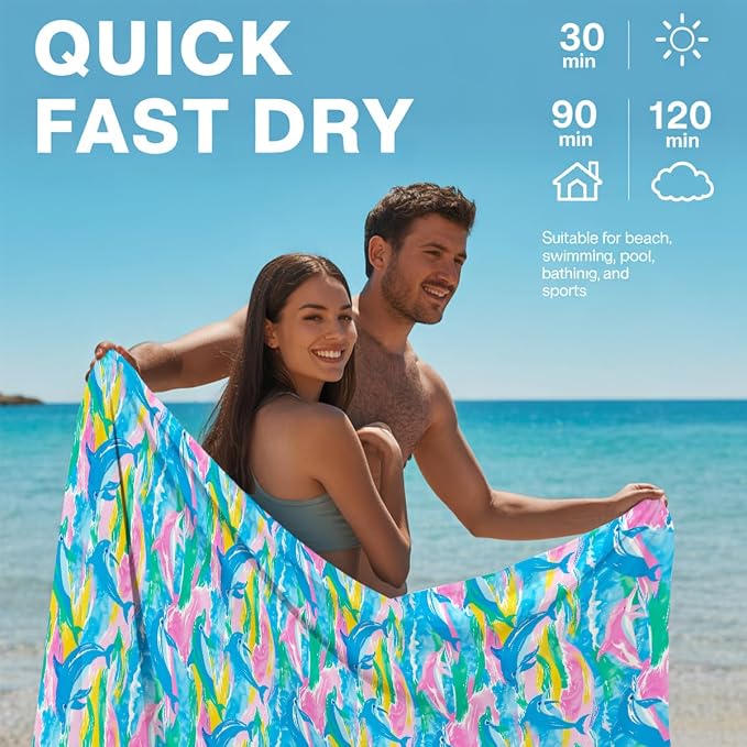2 Pcs Microfiber Beach Towel Sand Free Quick Dry Oversized Lightweight Dolphin and Wave Patterns Blue Pink Green Swim Towels for Adults Travel Pool Gym Yoga 71 x 32 Inches