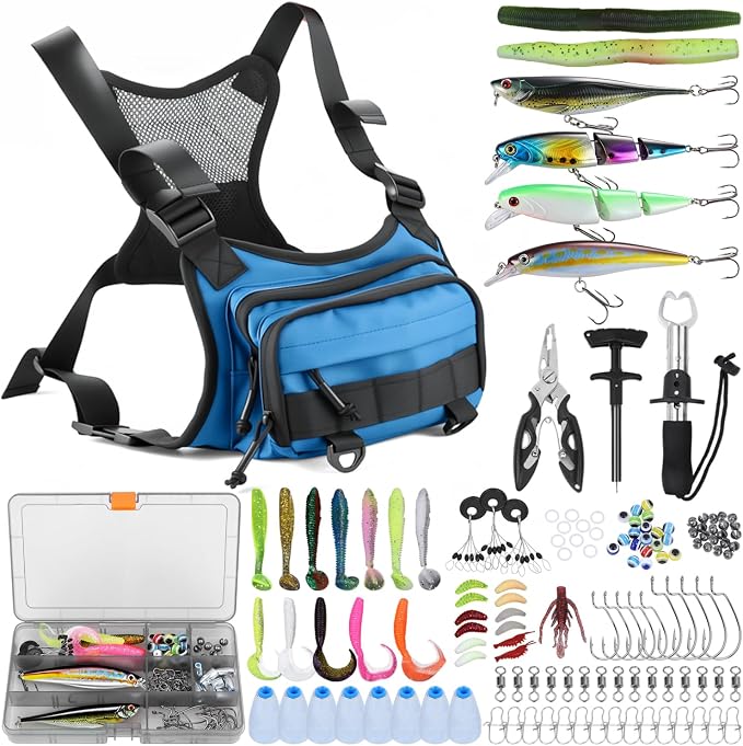 All in One Fishing Chest Pack Tackle Bag with Tackle Box, Fishing Lures Kit | Hook Remover Tool, Fish Lip Gripper, Fishing Plier Friendly for Beginners & Professional Anglers Gifts for Men (Blue)