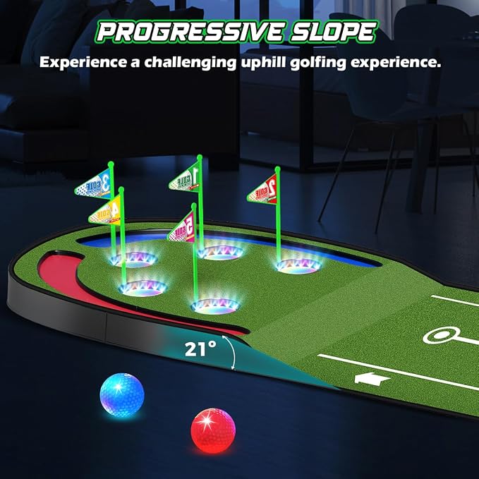 TERRAMUS Upgraded Golf Putting Mat for Kids, 7.8 Ft Putting Green with LED Light up Holes, Glowing Balls, 2 Clubs, Toy Golf Game Set, Golfing Mats Indoor Outdoor, Sport Golf Gift for Kids Teens Family