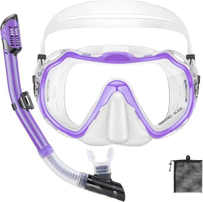 Snorkeling Gear for Adults, Adult Snorkel Set with Panoramic Anti-Leak and Anti-Fog Tempered Glass Snorkel Mask, Dry Top Snorkel, Snorkle Mask Set Adult with Mesh Bag Ear Plug for Snorkeling