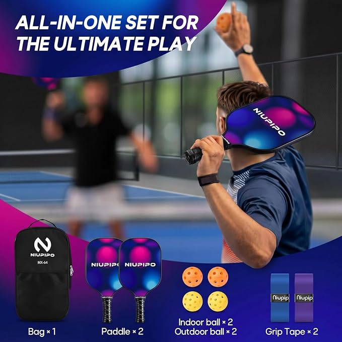 niupipo Pickleball Paddles Set of 2 or 4, USAPA Approved Fiberglass Pickleball Paddle Set with Balls and Bag, Polypropylene Honeycomb Core, Lightweight Pickleball Paddles for Beginners Men Women