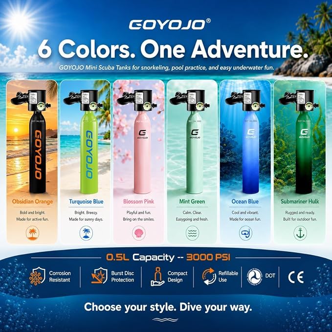GOYOJO Mini Scuba Tank with DOT Certified, Portable Scuba Diving Kit with Optional Snorkel Mask Combo, Refillable Emergency Backup Pony Bottle for Snorkeling, Underwater Breathing, Training