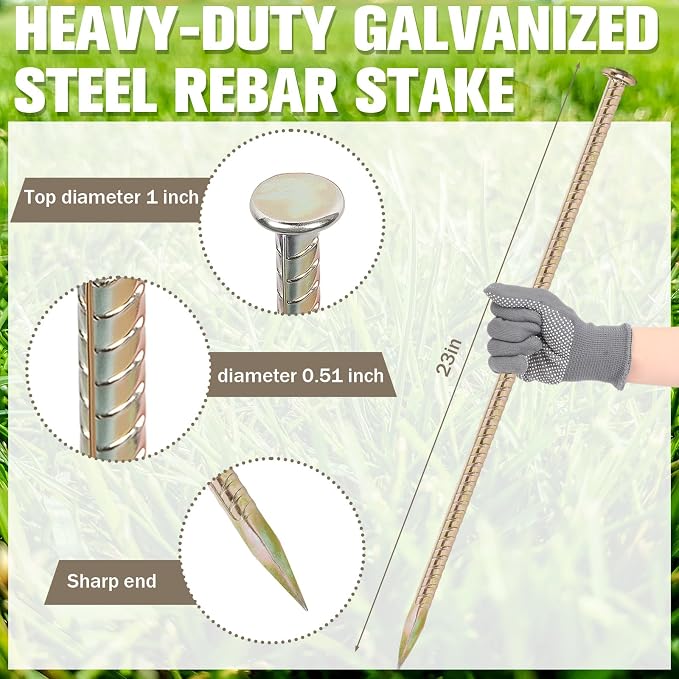Pelopy 10 Pack 23 Inch Long Rebar Stakes 1/2 Inch Diameter Heavy Duty Galvanized Steel Ground Anchors with Chisel Point Ends Ground Stake for Speed Bumps Wheel Stop Tent Concrete Plant Support