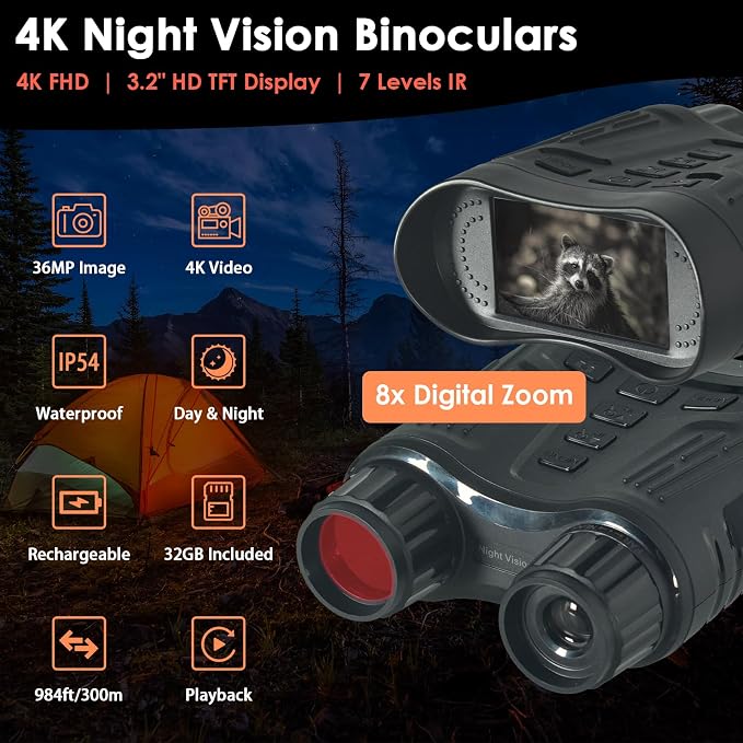 Kethvoz 4K Night Vision Binoculars, 8X Digital Zoom & 7-Level Adjustable IR - 1080P HD Video Recording & 36MP Photos, with 32GB Card, Ideal for Hunting, Camping, Security Surveillance