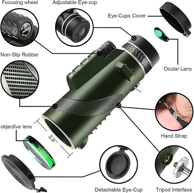 Monocular-Telescope 80x100 HGH Powered Monoculars High Definition forAduts High Powered with HD BAK4 Prism Smartphone AdapterTelescope Hunting Wildlife Bird Watching Travel Camping Hiking-Green