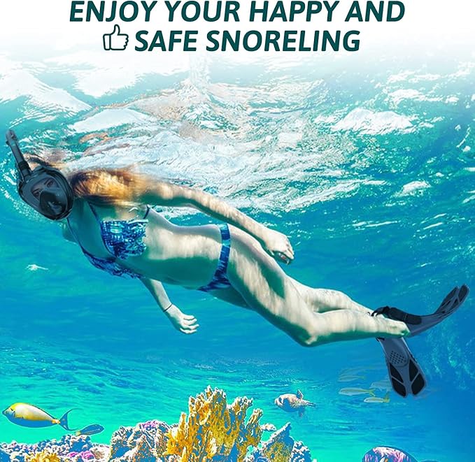 Viginsul Mask Fins Snorkeling Gear for Adults, Full Face Snorkel Mask & Adjustable Swim Fins Snorkel Set, Panoramic View Snorkel Mask Dry Top Anti-Fog Anti-Leak