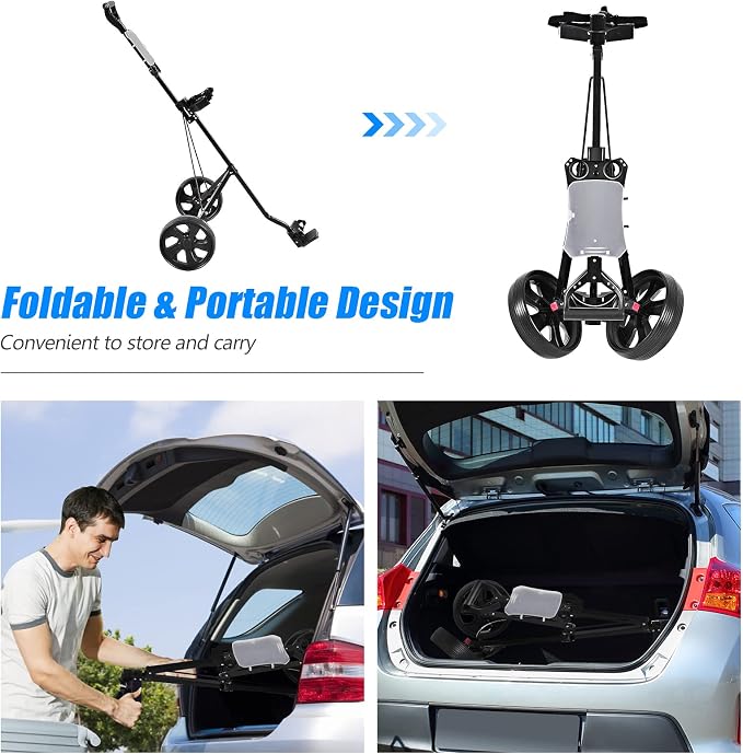 GYMAX Golf Cart, 2 Wheel Golf Push Cart with 9.5” Wear-Resistant Rubber Wheels, Elastic Strap & Scoreboard, Folding Lightweight Portable Golf Caddy Cart for Teens Adults