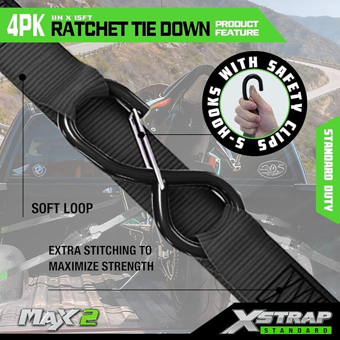 XSTRAP STANDARD Motorcycle Ratchet Tie Down Straps - 4 Pk 1'' x 15 Ft 1890 Lbs Break Strength-Cargo Straps with Integrated Soft Loops, Padded Handles & Coated Safety Clip for Motorcycle, Truck(Black)