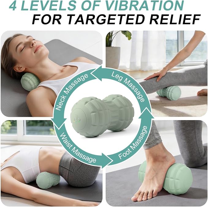 Silicone Vibrating Peanut Massage Ball Roller, Water Resistant Electric Double Lacrosse Massage Ball with 4 Intensities for Muscle Tightness, Deep Tissue Massager for Foot, Back, Hip (Green)