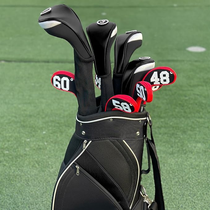 Andux 3pcs/Set PU Golf Wood Club Head Covers with Long Neck | for 460cc Driver Fairway Wood Club with Hook & Loop No. Tags Coloured Piping Pull-On Closure