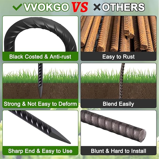 VVOKGO Rebar Stakes 16 Inches J Hook Heavy Duty Chain Link Fence Stakes, 30 Pcs Metal Long Tent Spikes Ground Anchors for Wire Fencing, Dogs Digging, Camping Tents, Swings, Greenhouse, Black