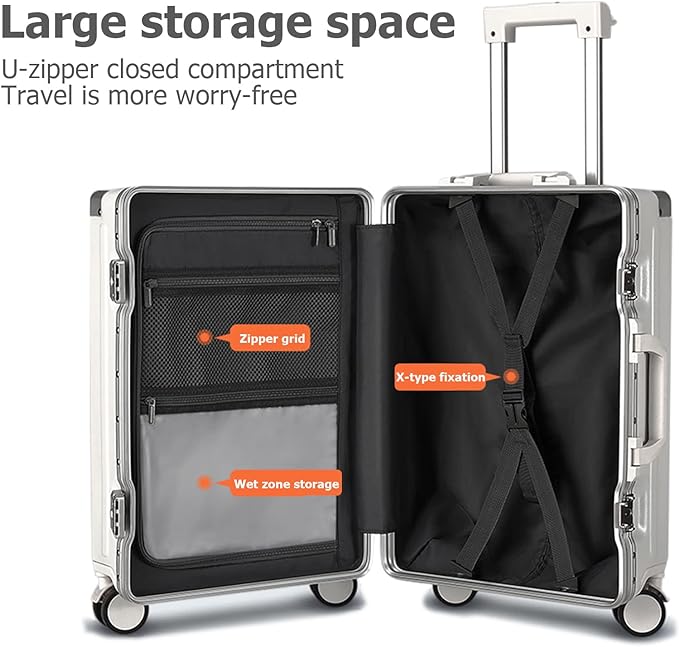 feilario Aluminium Frame PC Hard Shell Spinner Wheels Luggage,22.5"X15"X9.5" Airline Approved Built-In TSA lock Carry on Suitcase, with Cup Holder, USB Port, Phone Holder