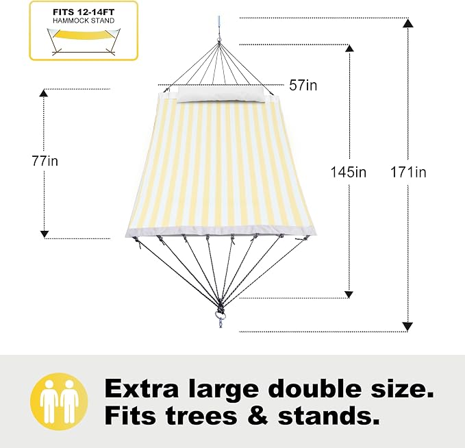 GAFETE 14ft 2 Person Hammock for Outside, Quick Dry Textilene, Portable Hammocks Without Stand with Folding Steel Spreader Bar, Carrying Bag, Tree Straps, Pillow & Sidebag, 550 lbs Capacity (Yellow)
