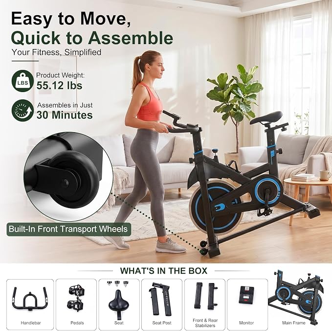 Exercise Bike with APP, Stationary Bike for Home, Workout Bike for Adults & Seniors, Indoor Cycling Bike with Adjustable Resistance, Low Noise, Easy Assembly, 265LB Weight Capacity