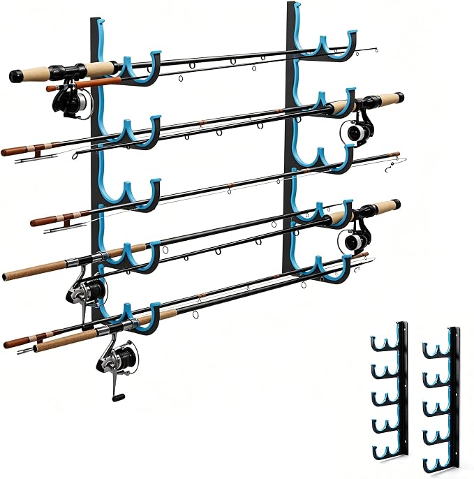 Fishing Rod Holders & Pole Holders for Garage, Wall Mounted Metal Fishing Rod Storage Organizer Rack Holds Up to 6/10/12/20 Rods or Combos, Suitable for Catfish Fishing Gear
