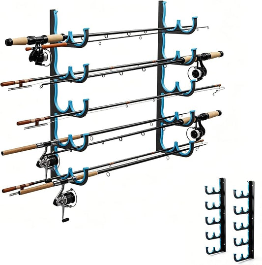 Fishing Rod Holders & Pole Holders for Garage, Wall Mounted Metal Fishing Rod Storage Organizer Rack Holds Up to 6/10/12/20 Rods or Combos, Suitable for Catfish Fishing Gear