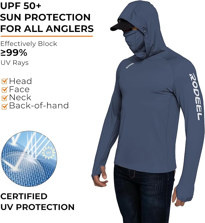 Rodeel Men's UPF 50+ Performance Fishing Hoodie, Long Sleeve Sun Protection Athletic Quick-Dry Breathable T-Shirt