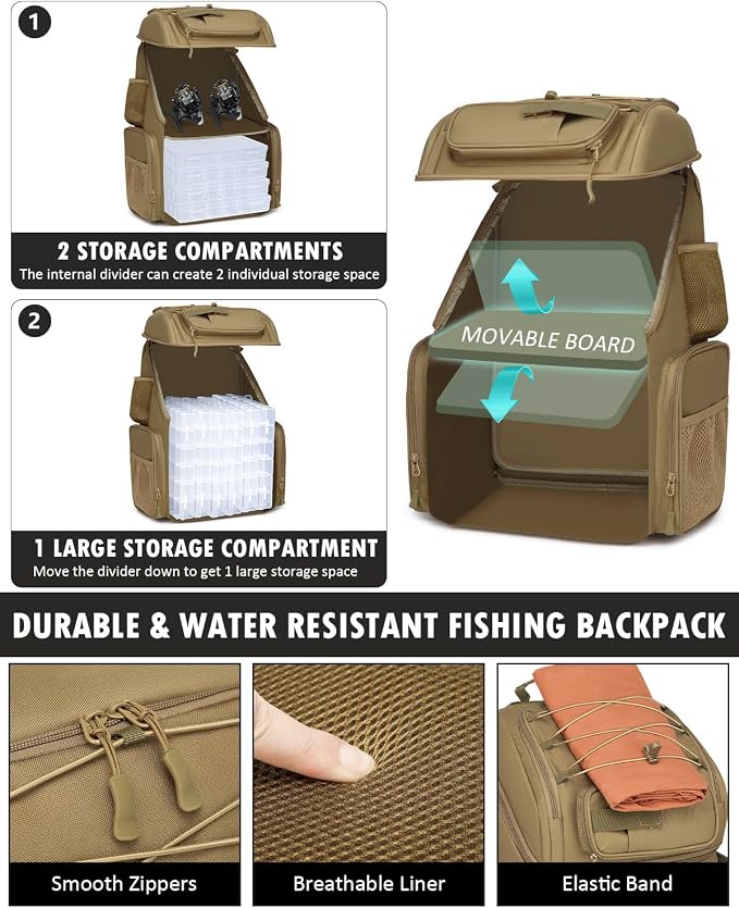 HAMBOLY Fishing Backpack with Tackle Boxes, 50L Fishing Tackle Bag with Cooler & Rod Holders, Waterproof Tackle Bag for Men
