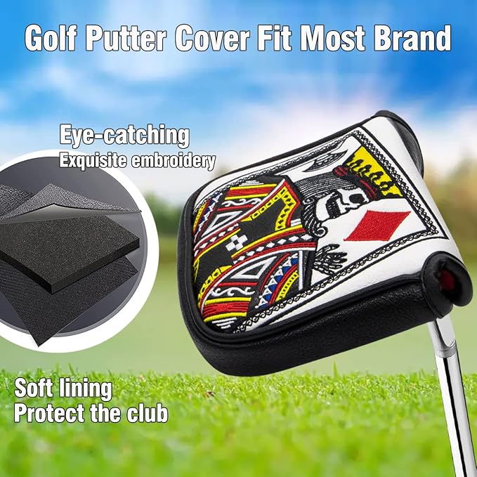 Golf Club Covers Poker Diamond King Driver Cover Fariway Wood Headcover 3 Hybrid Head Covers Blade Putter Cover Mallet Putter Haedcovers with Magnetic Closure for Most Brand
