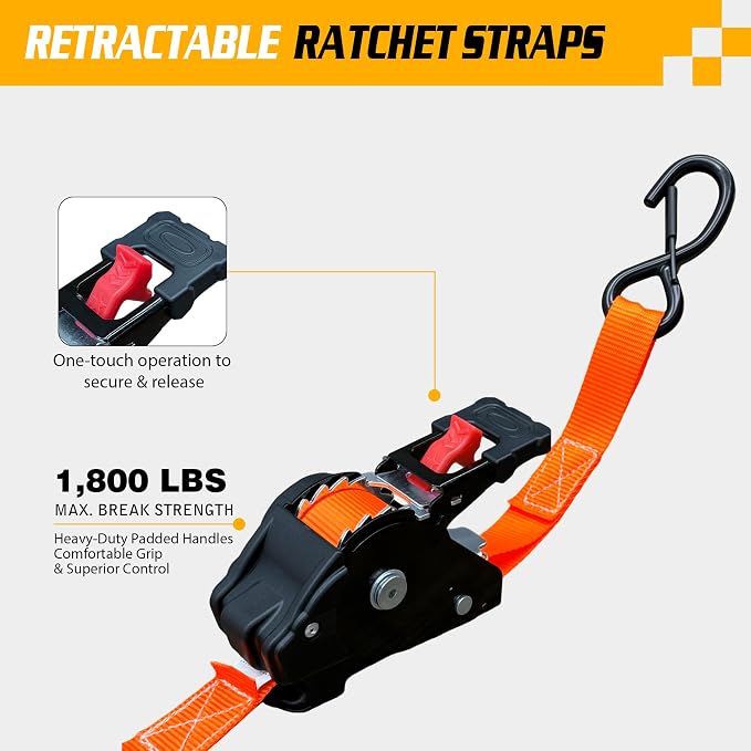 Retractable Ratchet Straps (2-Pack) - 1'' x 11.5' (1,800lb Break Strength) - Heavy Duty Auto Self Retracting Tie Down Straps for Truck, Cargo Trailer, Motorcycle, Rad & More - Orange