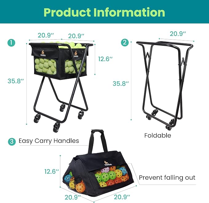 Tennis & Pickleball Cart - 140 Ball Capacity Hopper with Quick-Detach Bag, 4 Smooth Swivel Wheels & Foldable Frame for Easy Court Transport and Compact Storage