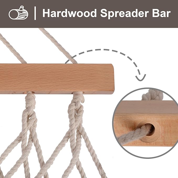 SUNCREAT Hammocks Traditional Rope Double Hammock with Hardwood Spreader Bar and Carrying Bag, 450 lbs Capacity, Natural