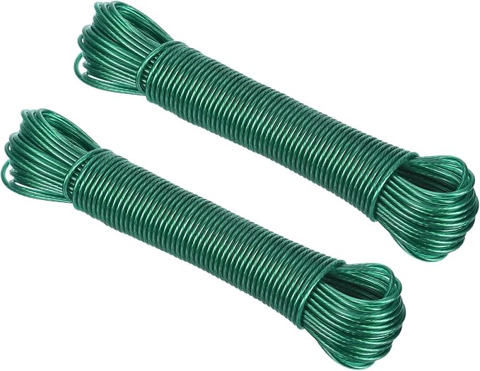 PATIKIL Plastic Coated Clothesline, 2 Pack 1/8 Inch x 66 FT Extra Strong Steel Core Clothes Lines Wire for Drying Clothes, Outside Hanging, Green