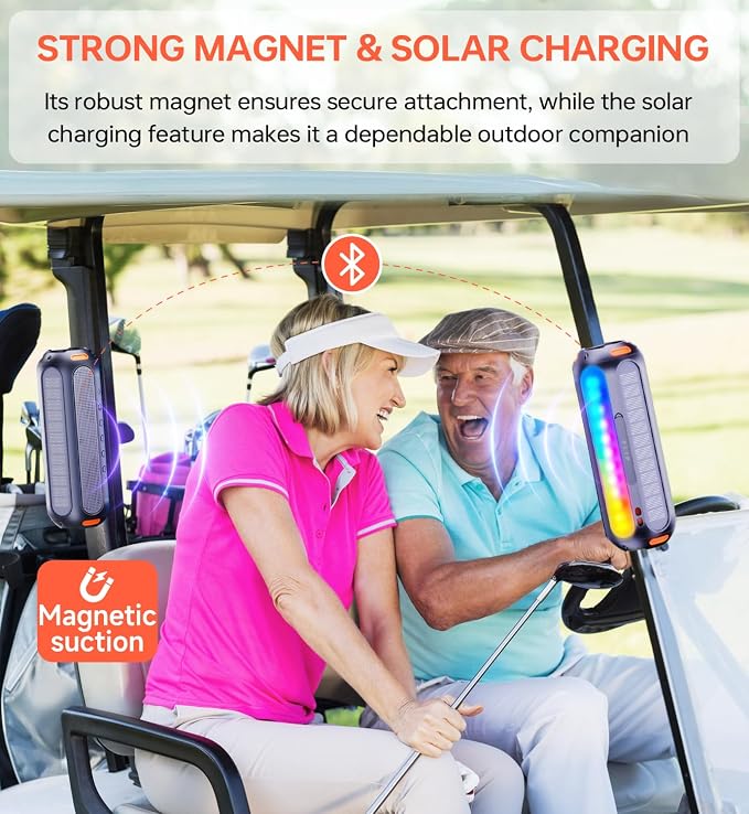 Magnetic Bluetooth Speaker, Golf Speaker with Solar Charging 30H Playtime, 7 Colorful Flashing Lights Outdoor Waterproof Portable Wireless, for Golf Cart Gifts Hiking Camping