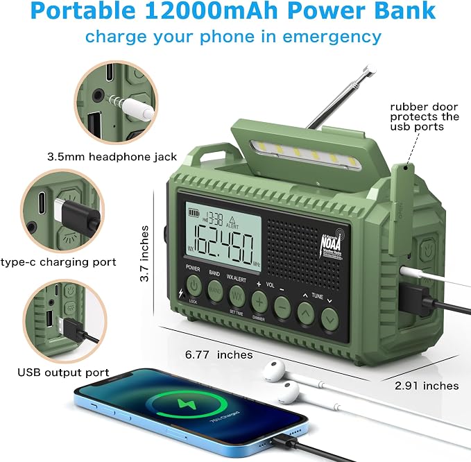 Eoxsmile NOAA Weather Radio 12000mAh - Emergency Radio Hand Crank Solar Battery Operated Portable AM/FM Shortwave Radio with USB-C Charger, Flashlight, SOS Alert for Home Outdoor Hurricane Survival