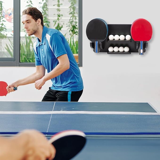 Ping Pong Paddle Storage Rack, Ping Pong Accessories Organizer Wall-Mount for 6 Paddles, 6 Pickleball Paddles and Balls, Pine Wood Table Tennis Racket Display for Game Room Bar Office Home