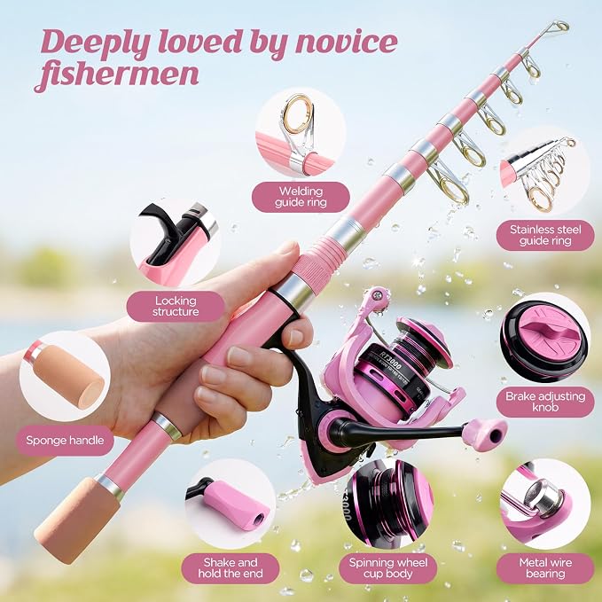Telescopic Fishing Rod Reel Combo Pink Fishing Gear for Girls Women Men | 6.89FT Portable Collapsible Spinning Pole with Smooth Reel Lures Tackle Box Kit Travel Bag Saltwater Freshwater Angling Gift