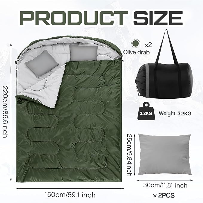 Tranqun 2 Pack Double Sleeping Bag for Adults, Queen Size Two Person Camping Sleeping Bag with Pillow Waterproof 3 Season Cotton Fabric for Hiking Backpacking Warm & Cold Weather