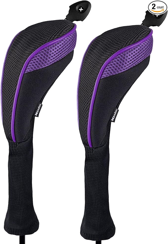 Andux 2 Pack Long Neck Golf Hybrid Club Head Covers Dial No. Tag CTMT-01 | Mesh Breathable material | all the Same Size | Coloured Piping | Pull-On Closure