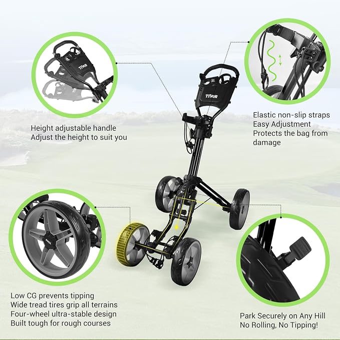 Tivor Lightweight Golf Push cart 4 Wheel Foldable Golf Trolley for Adults and Junior with Ergonomic Adjustable Handle, Scorecard Holder, Umbrella Mount, Foot Brake, All-Terrain Wheels