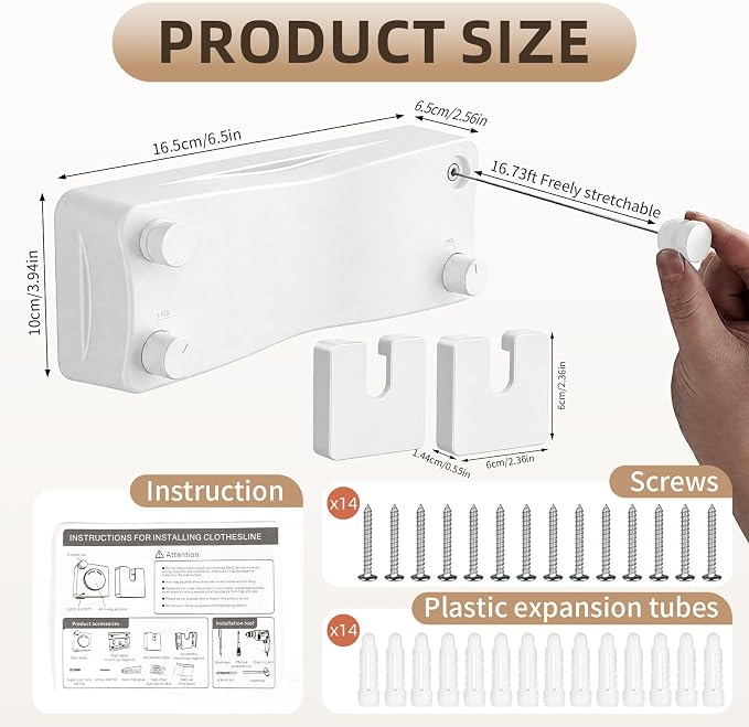 Anti-Sag Retractable Clothesline 40LB Capacity - 201in Stainless Steel Laundry Line for Indoor Outdoor, Wall Mounted Space Saving Easy Install (White, Double Lines)