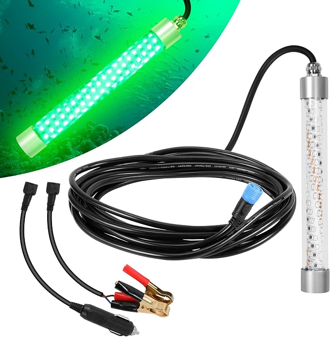 HUSUKU FS0-1 Underwater Green LED Fishing Light with Power Clamp 12V, 100W 10,000LM / 16.4ft Cord Night Fishing Lights, IP68 Submersible Fish Lamp Attractor for Snook Crappie Squid Shrimp