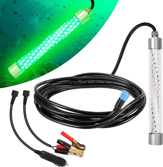 HUSUKU FS0-1 Underwater Green LED Fishing Light with Power Clamp 12V, 100W 10,000LM / 16.4ft Cord Night Fishing Lights, IP68 Submersible Fish Lamp Attractor for Snook Crappie Squid Shrimp