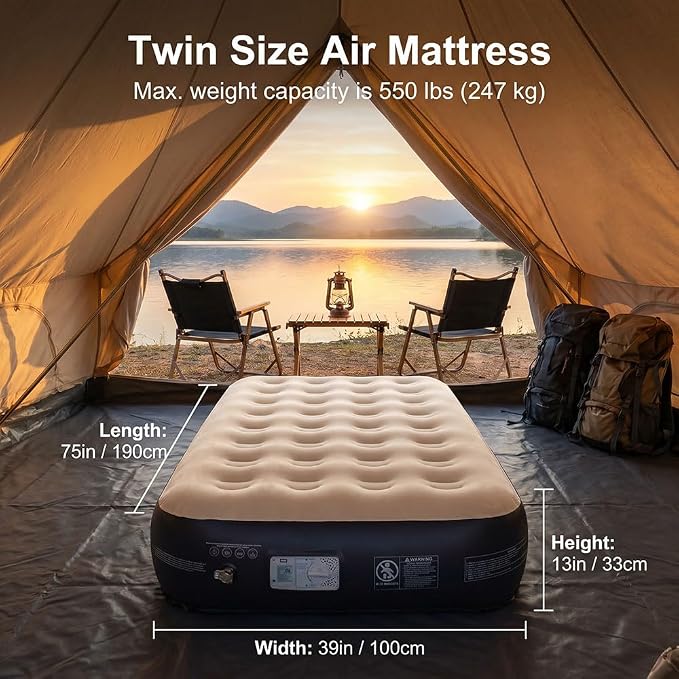 SENNOUL Air Mattress Twin with Built in Pump - 2 Mins Quick Self Inflatable,13"/550lbs Max Blow Up Bed, All Night Stability No Lost Air，No Peculiar Smell for Camping,Home,Guests & Portable Travel