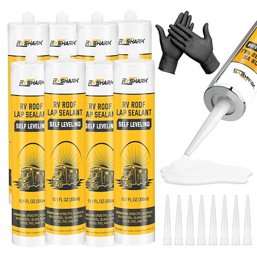 RV Roof Sealant 8 Pack, 30 Seconds Self Leveling Lap Sealant – White, Fast Curing Waterproof Flexible Caulk RV Sealant with Gloves for Camper Trailer Roofs Maintenance Repair