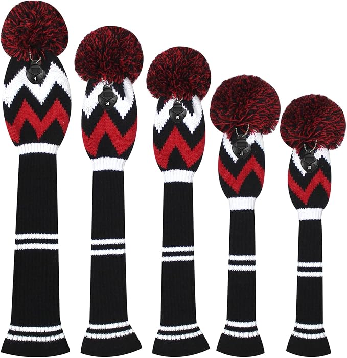 Scott Edward Knit Golf Club Cover with a Pom Set of 5 Head Covers Protect Driver Wood(460cc) 1 Fairway Wood2 and Hybrid/UT2 with Rotating Club Number Tags