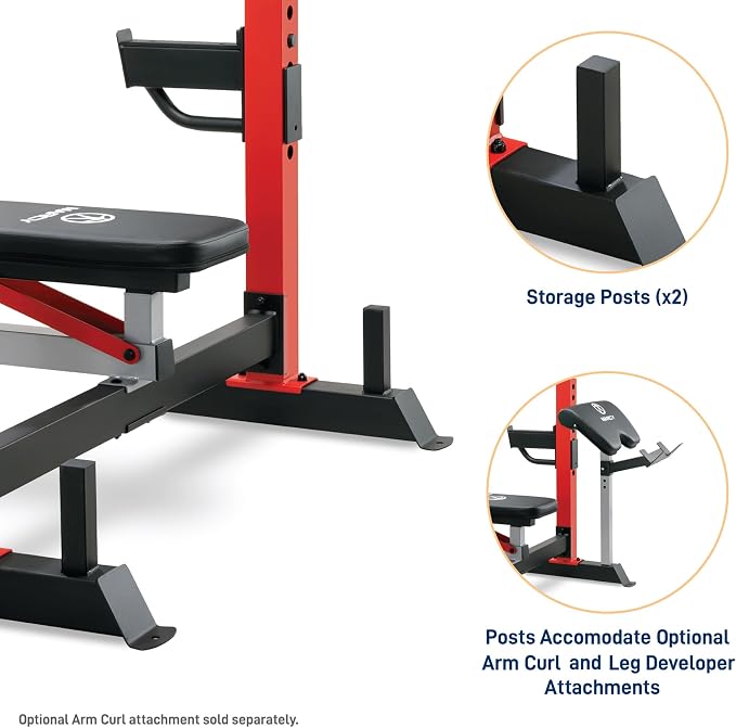 Marcy Deluxe Olympic Weight Bench with Adjustable Back & Bar Catch & Optional Arm Curl, Leg Developer, Lat Tower Attachments (Sold Separately), Personal Home Gym for Strength Training, Weightlifting