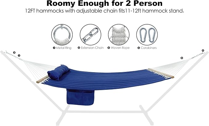 GAFETE Hammock 2 Person Quilted Fabric Hammocks for Outside, Double 12ft Hammocks with Spreader Bar, Large Removable Pillow, Storage Bag, Carabiners, Max 475 lbs Capacity (Dark Navy)